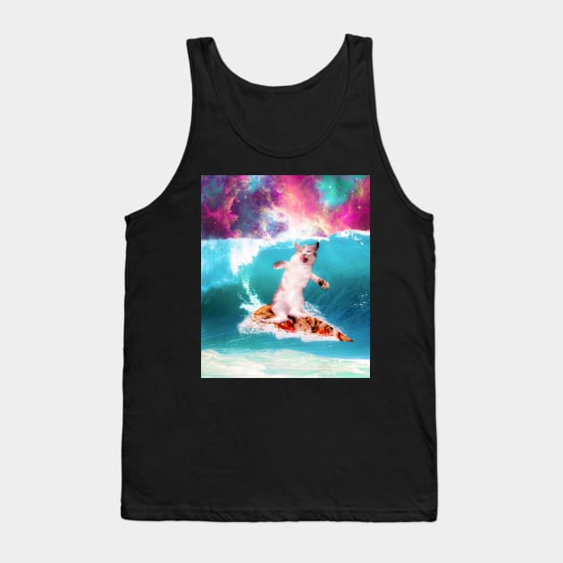 Kitty Cat Surfing Pizza In Space Tank Top by Random Galaxy